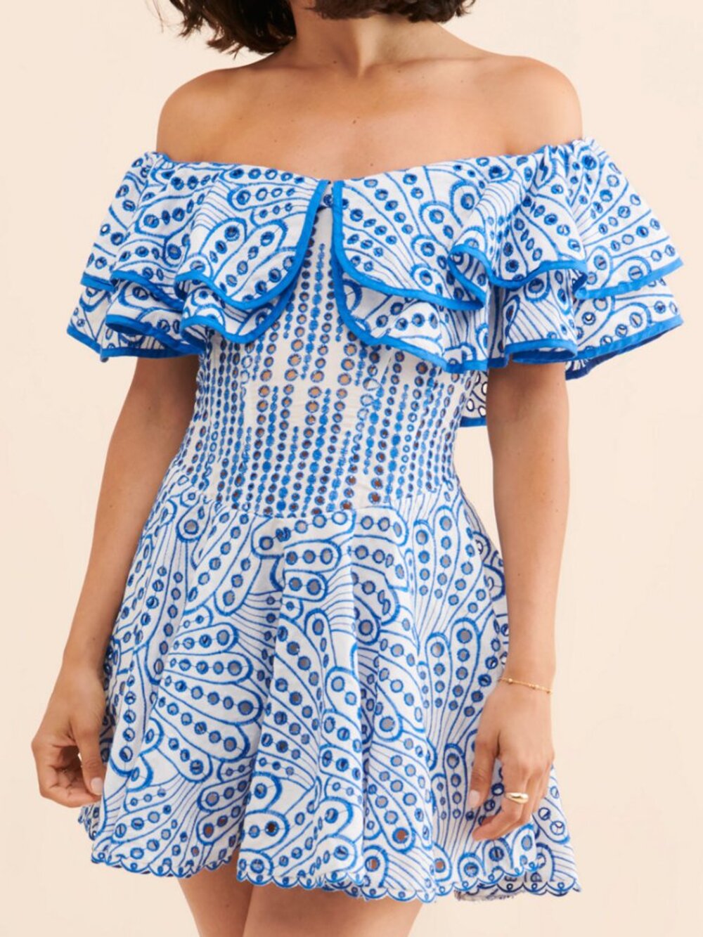 Kourt Mecca Geo Print Mini Dress Blue White Off Shoulder Eyelet